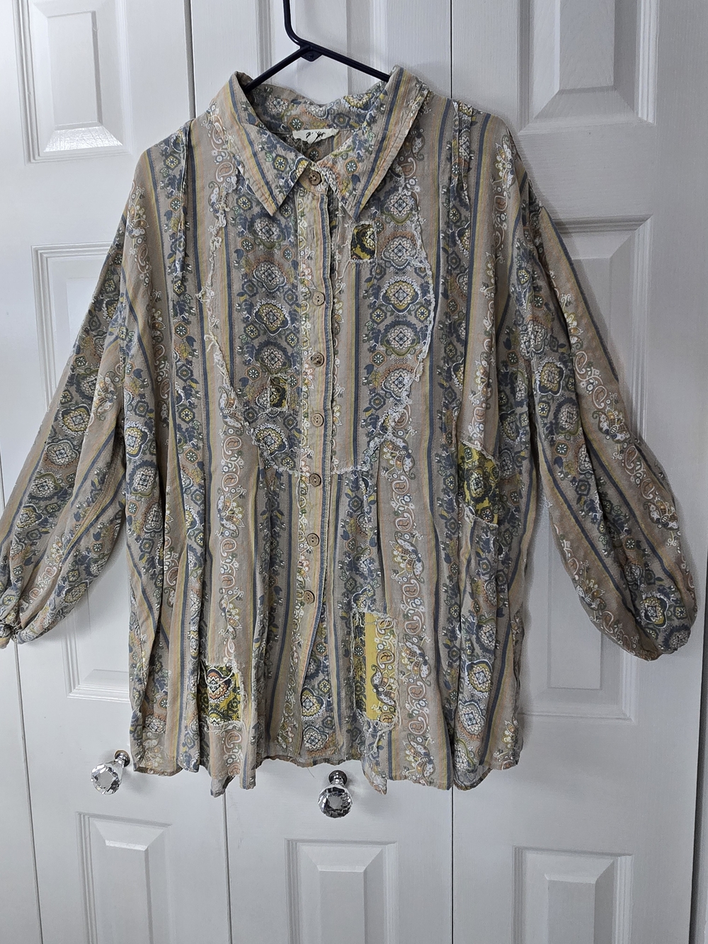 Relaxed Beige Paisley-Stripe Button-Down Shirt